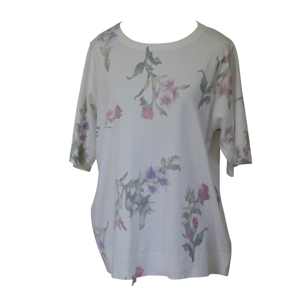 Sioni White Floral Sweater Tee Women's 1X Short Sleeve Lightweight Knit Top
